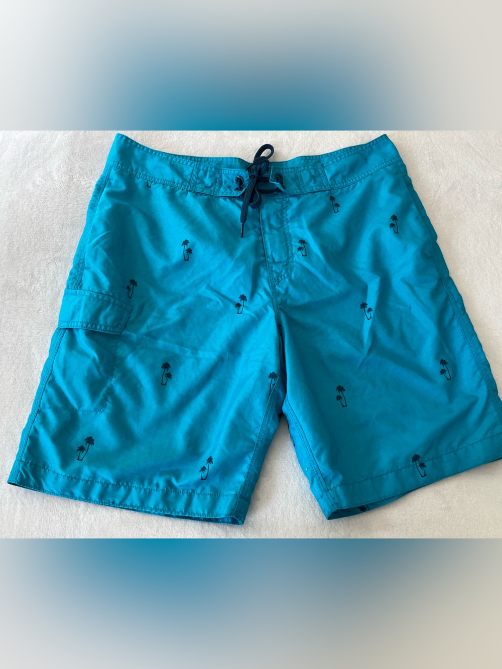 Old Navy Teal Blue Swim Trunks with Navy Palm Tree Print